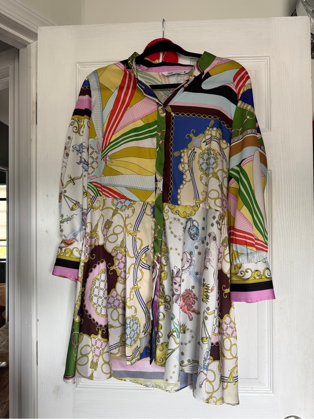 Zara Multicolor Zodiac Scarf-Print Satin Dress